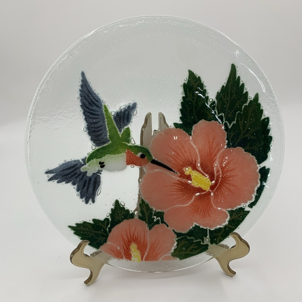 Peggy Karr Hummingbird & Hibiscus Fused‎ Glass Round Plate Multicolored Signed